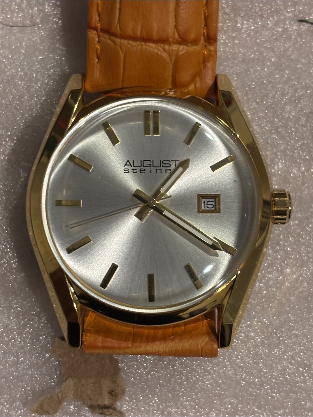 August Steiner Gold Case Silver Dial Watch with Orange Leather Strap